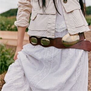 Free People Brown Leather Belt with Gold-Tone Metal Accents